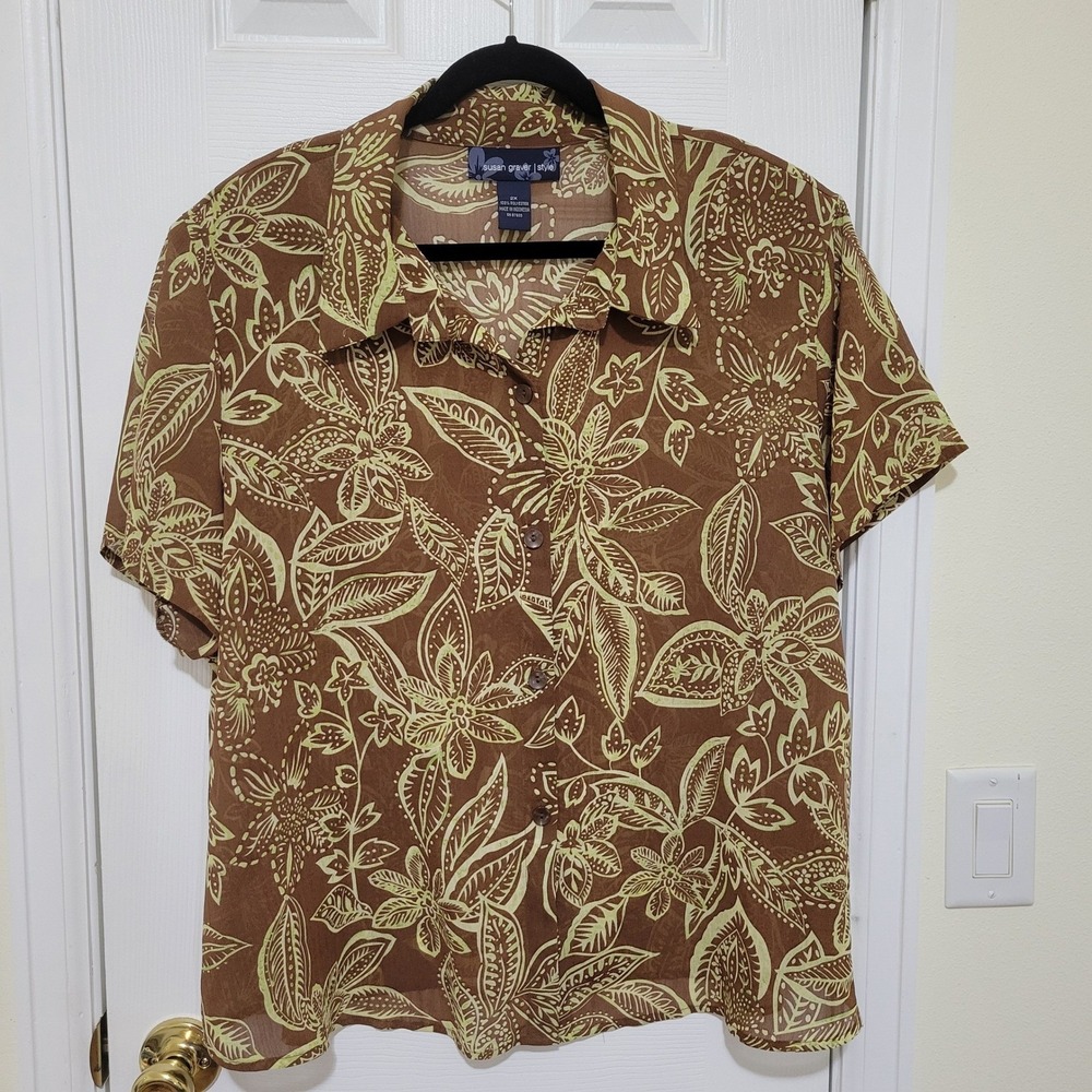 Susan Graver Style Brown Green Tropical Floral Button Up Blouse Plus Size 2X